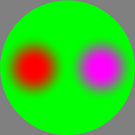 Red and
        magenta Spots, SoftMatte-d on green, with gamma-related dark
        rings.